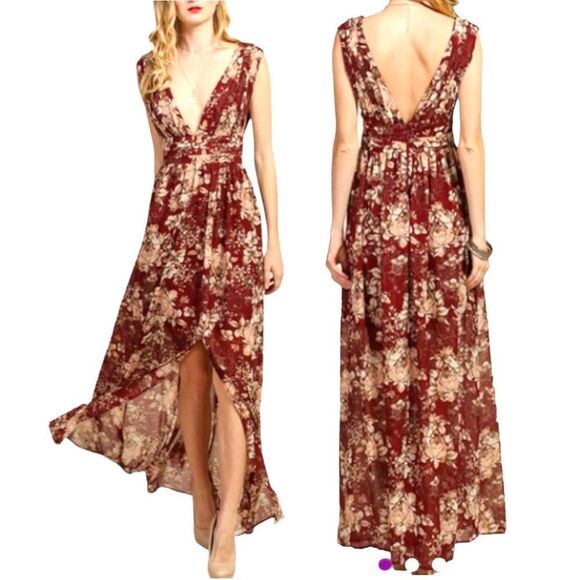 Soieblu Dresses & Skirts - Soiéblu | Wine Floral Plunge-Front Sleeveless Maxi Dress size large
